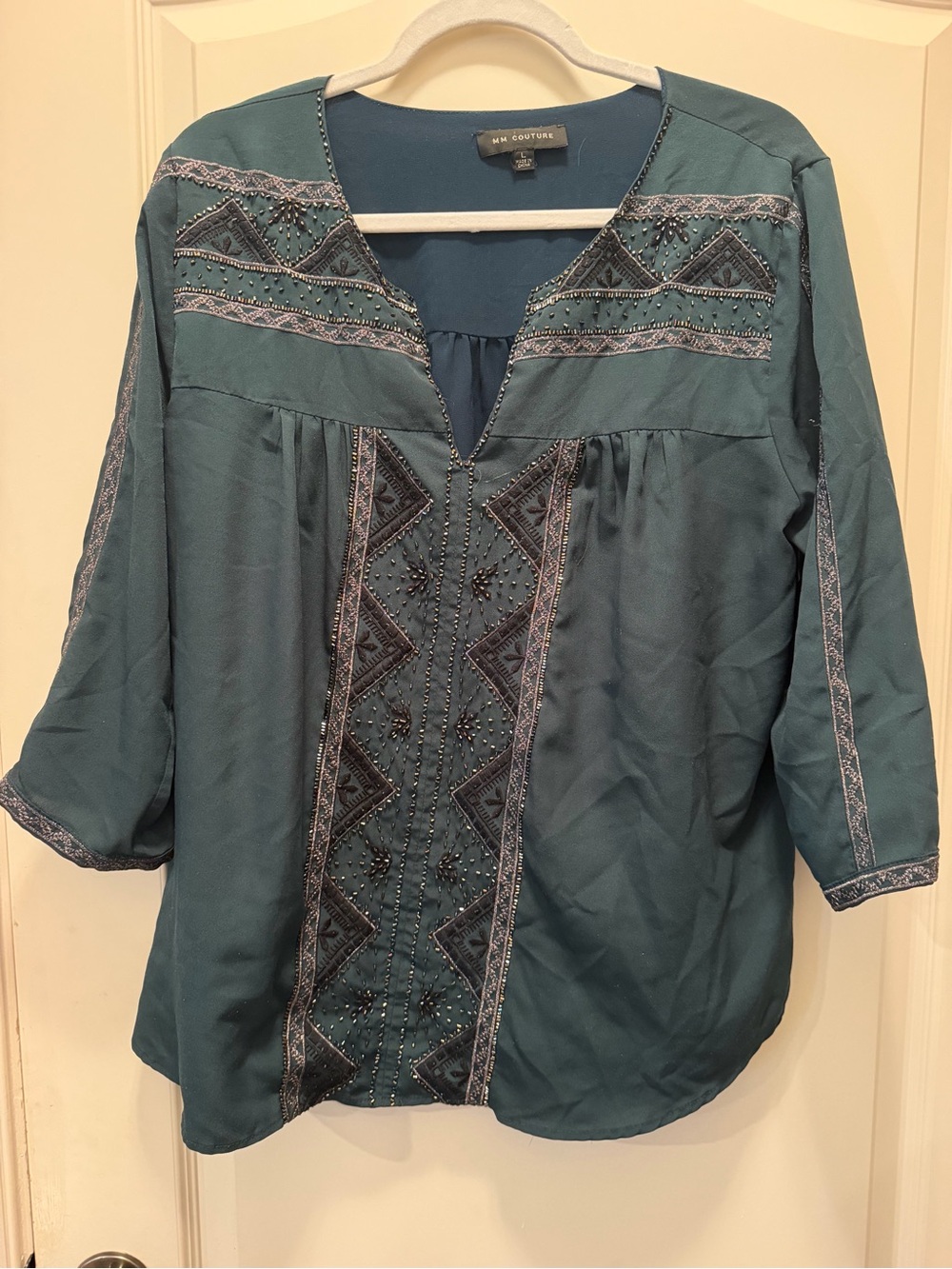 MNM Couture Teal Embroidered V-Neck Tunic - Picture 2 of 8